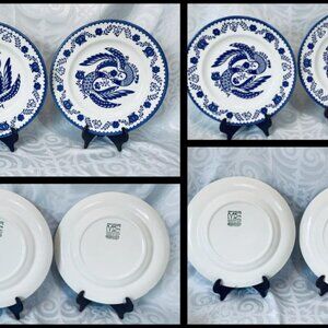 (4) VNTG Blue/White Mount Clemens Ironstone 10.25" Plates Lovebirds & Tulips EUC